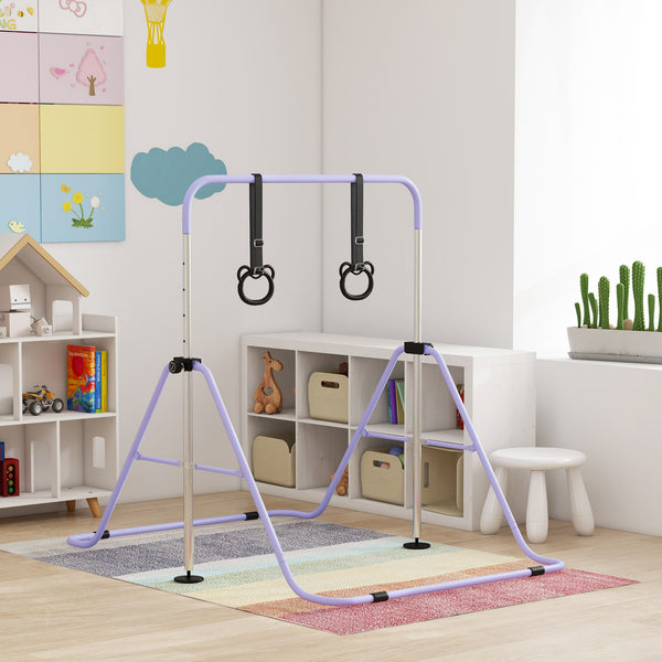 Barre de gymnastique pliable et réglable en hauteur avec anneaux de gymnastique, violet