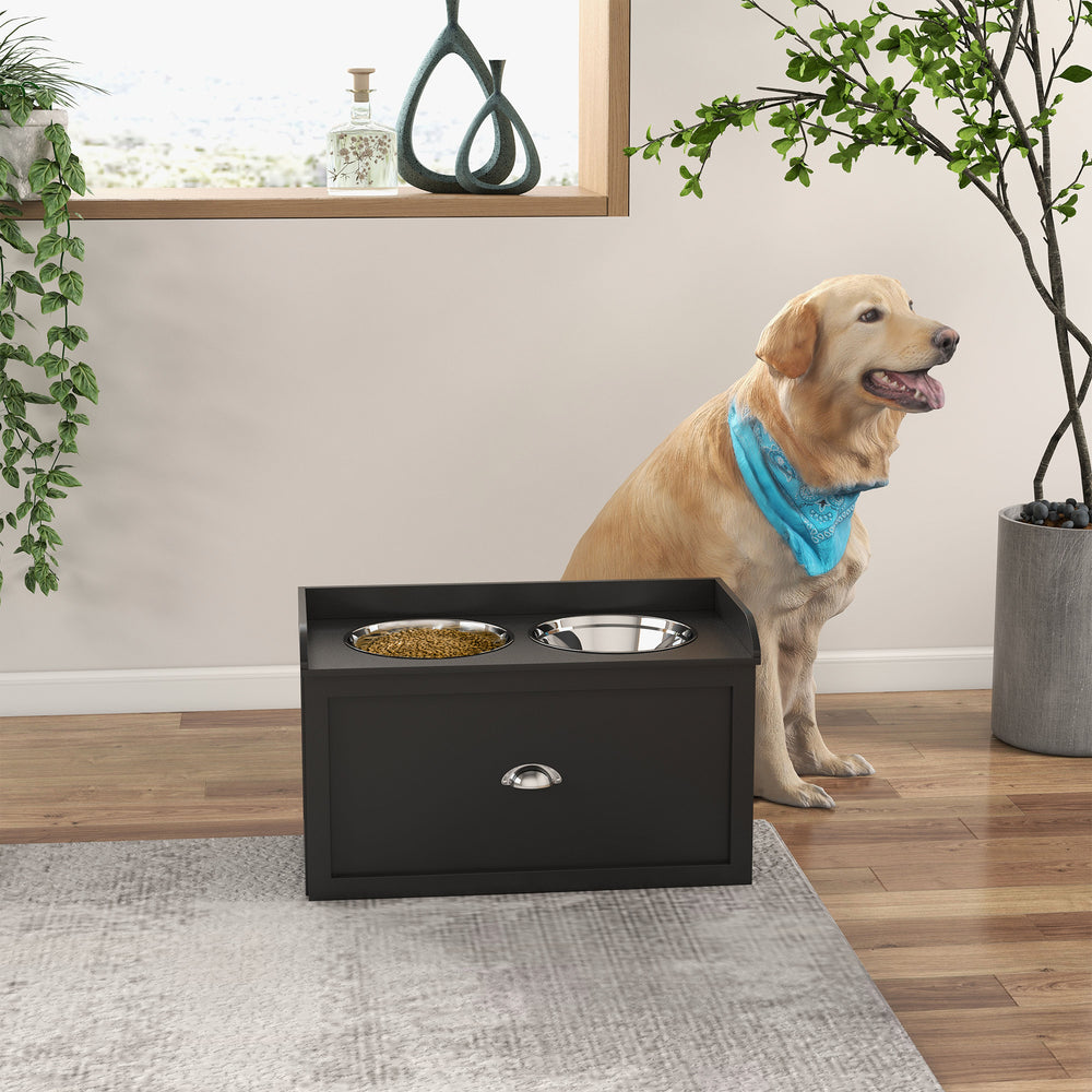 Raised Dog Bowls with Storage, 2 Stainless Steel Bowls, Black