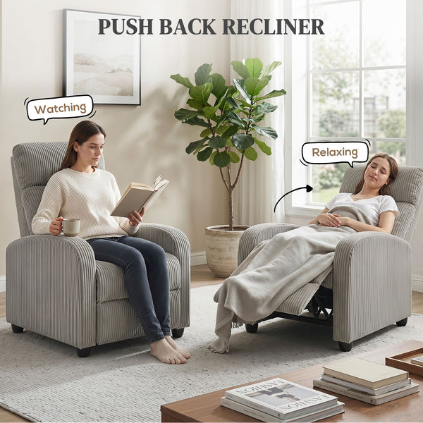 Fauteuil inclinable en velours côtelé avec assise rembourrée, idéal pour le salon, gris