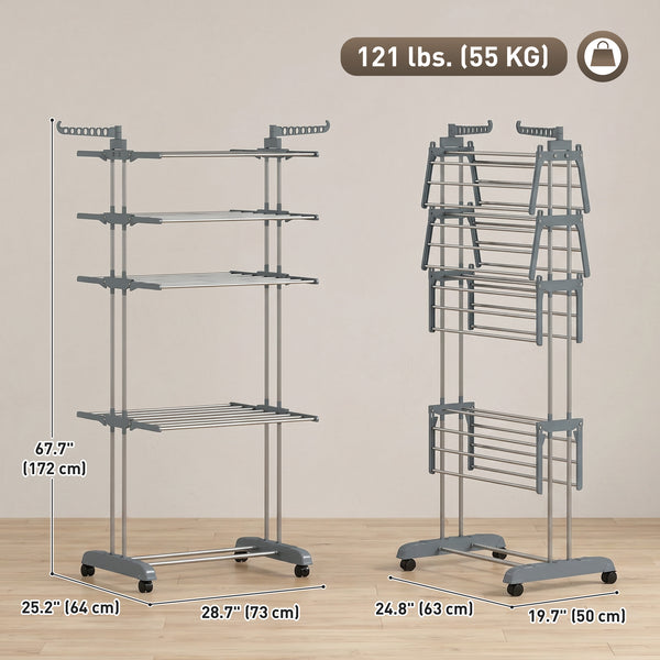 Séchoir à linge pliable à 5 niveaux sur roulettes, gris