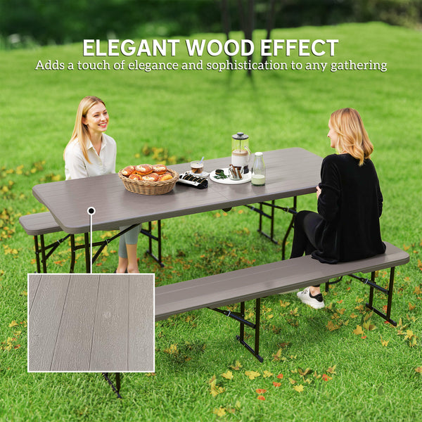 Ensemble table et bancs de camping pliants avec poignées de transport, marron