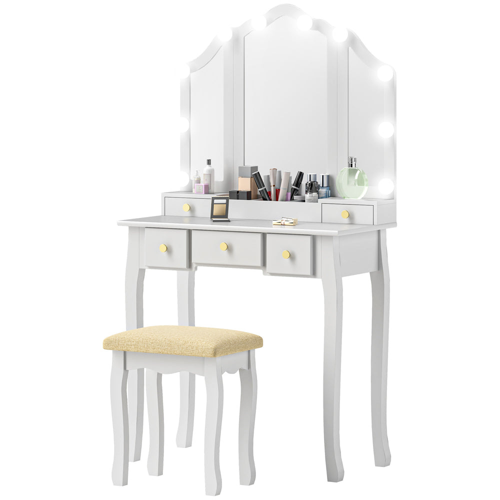 Coiffeuse avec tabouret, 10 lumières LED, 5 tiroirs et 3 compartiments, blanc