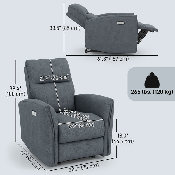Fauteuil inclinable électrique, revêtement en tissu, ports USB, repose-pieds, gris anthracite