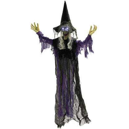 Sorcière animée grandeur nature à suspendre pour Halloween avec yeux LED lumineux,