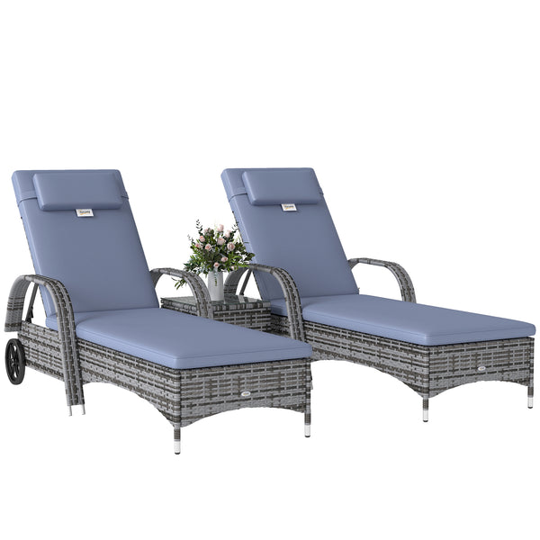 3 Pieces Patio Rattan Chaise Lounge Set, Outdoor PE Wicker Reclining Lounger Furniture Set, Adjustable Portable with Wheeled & Side Table, Grey