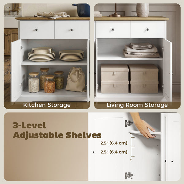 Buffet de cuisine de style campagnard de 55 pouces avec portes à fermeture douce, 2 tiroirs et 2 étagères réglables