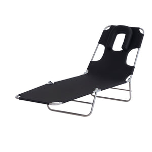 Outdoor Lounge Chair, Adjustable Folding Chaise Lounge with Face Cavity, Tanning Chair Sun Lounger Bed Recliner, Black