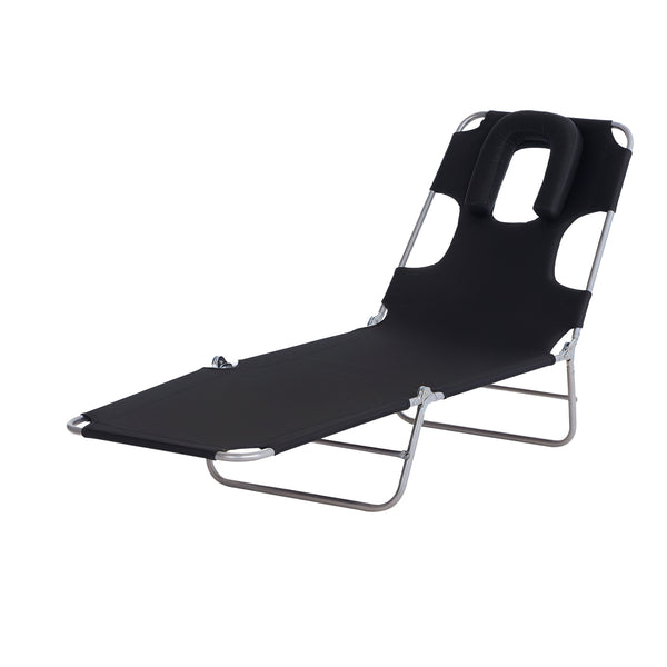 Outdoor Lounge Chair, Adjustable Folding Chaise Lounge with Face Cavity, Tanning Chair Sun Lounger Bed Recliner, Black