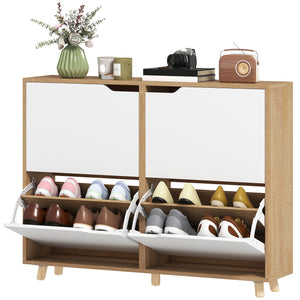Narrow shoe cabinet for 16 pairs of shoes with 4 hinged drawers and adjustable shelves, natural color