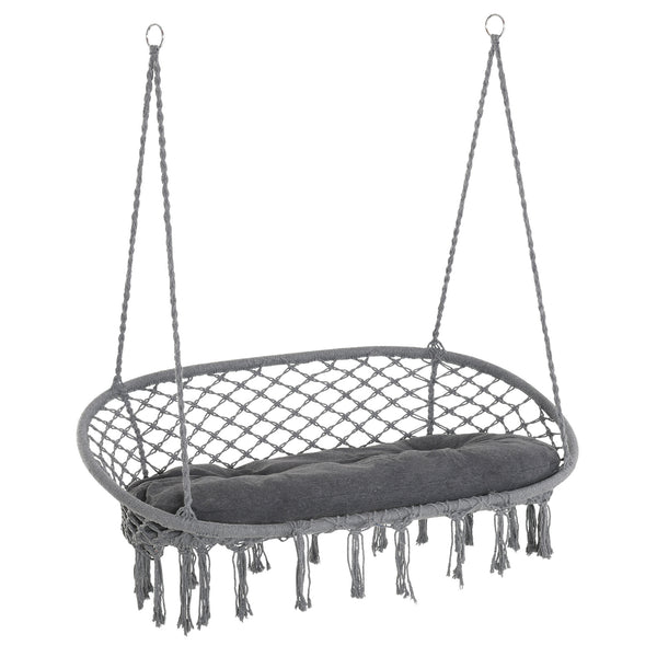 Patio Hammock Chair 2 Seat, Hanging Rope Hammock Swing Chair with Metal Frame and Cushion, Large Macrame Seat for Indoor and Outdoor 396 lbs Capacity, Dark Grey