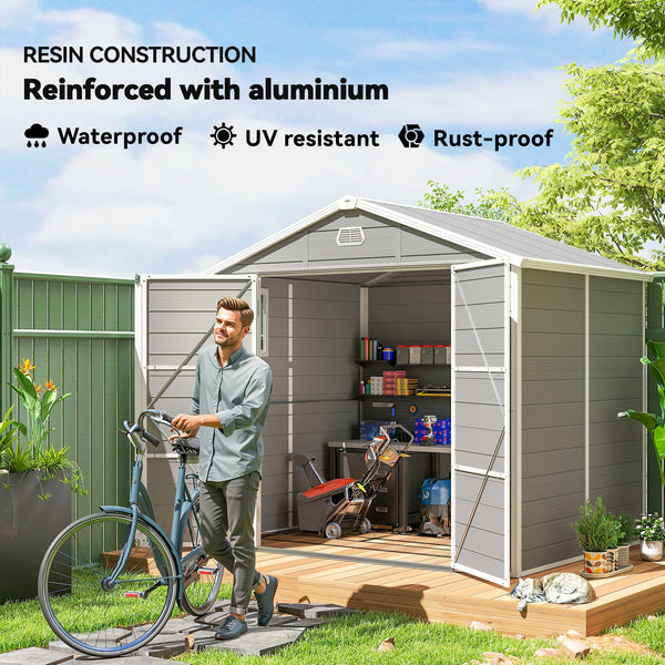 Abri de jardin en plastique avec porte à loquet, aérations, toit incliné, gris clair