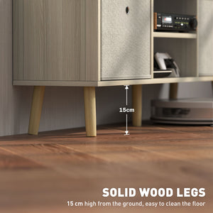 Meuble TV moderne avec tiroirs et étagères pliables, couleur naturelle