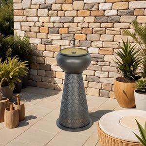 Fontaine d'extérieur avec lumières LED, cascade de jardin à débit réglable avec base florale découpée, gris foncé et jaune