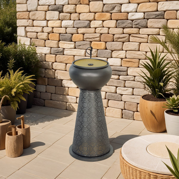 Fontaine d'extérieur avec lumières LED, cascade de jardin à débit réglable avec base florale découpée, gris foncé et jaune