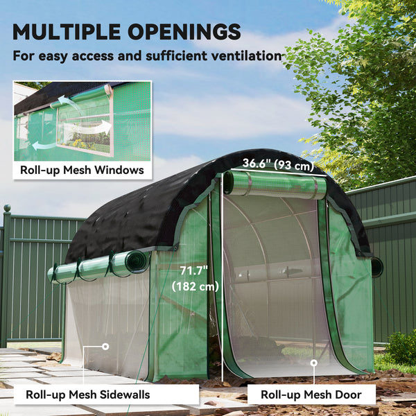 Heated tunnel greenhouse for plants with shade netting and roll-up mesh side walls