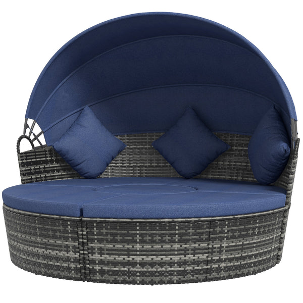 Méridienne d'extérieur 4 pièces avec auvent rétractable, bleu foncé