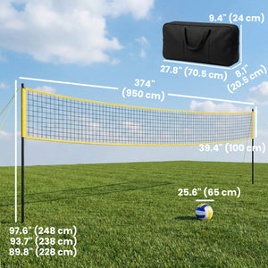 9.5m (31ft) Portable Volleyball Net Set with Adjustable Height Steel Poles, Volleyball, Boundary Line, and Carry Bag