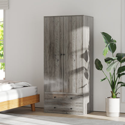 Armoire penderie moderne avec 2 tiroirs et tringle de suspension, gris