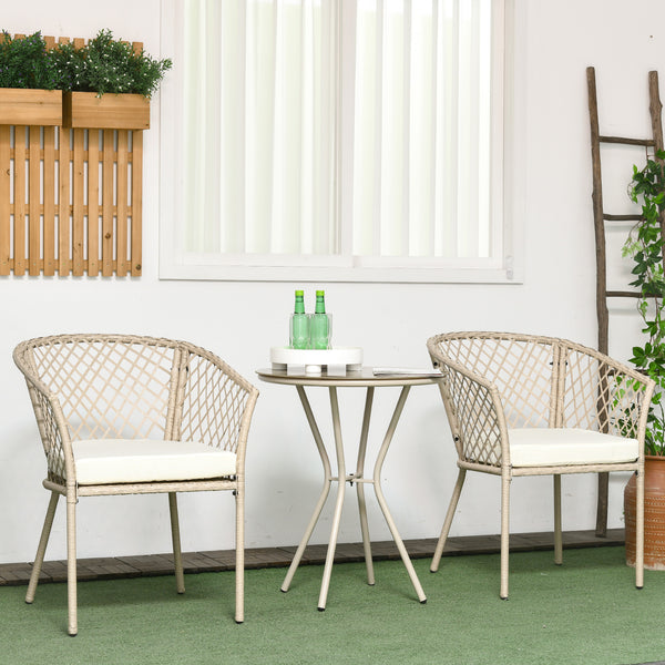 Ensemble bistro d'extérieur 3 pièces en rotin PE avec coussins d'assise et table en verre, beige