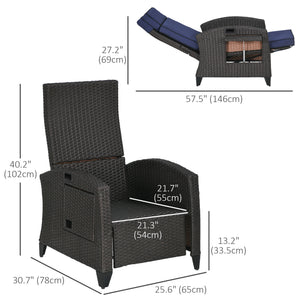 Outdoor Recliner Chair with Adjustable Backrest, Cushion, Side Tray, Blue