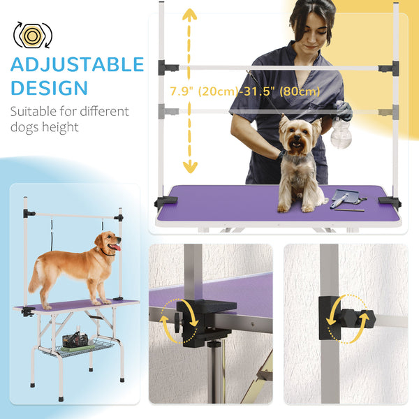 Adjustable Dog Grooming Table with 2 Safety Straps and Storage Basket, Purple