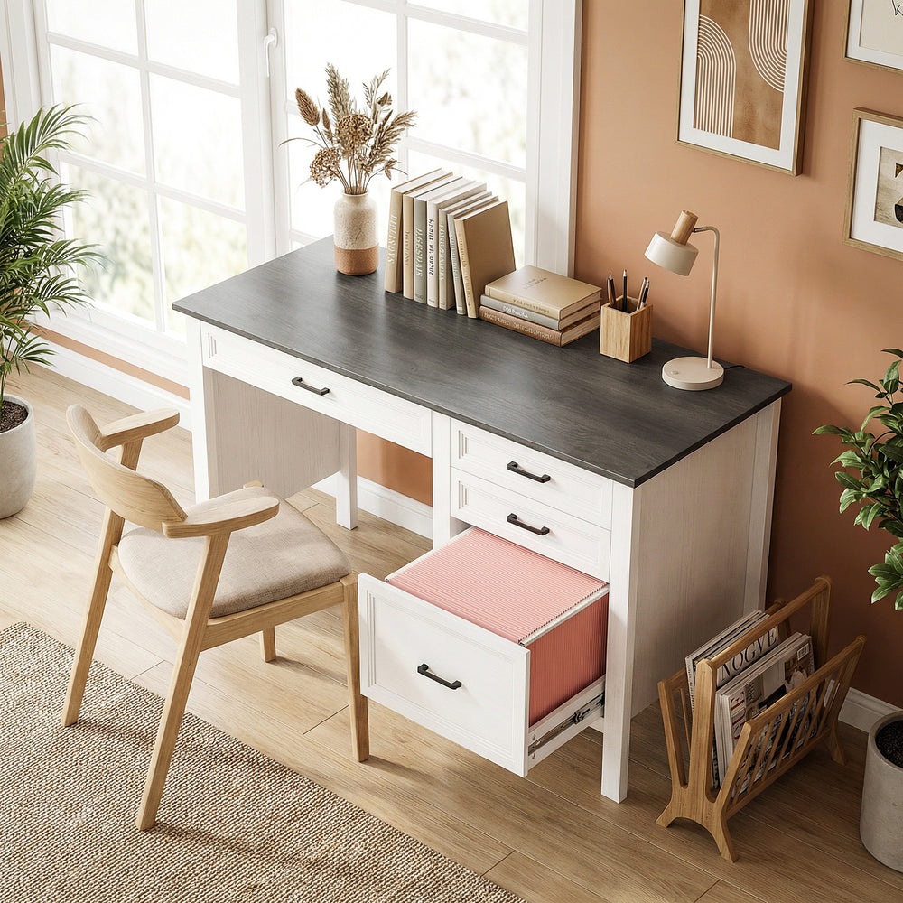 Bureau de style ferme avec tiroirs, rails de suspension réglables pour dossiers A4/Lettre, blanc