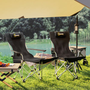 Lot de 2 chaises de camping inclinables avec repose-pieds et appui-tête, porte-gobelet, sac de rangement, noir