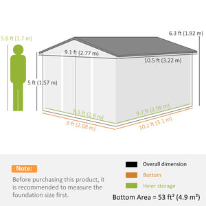 Abri de jardin 9' x 10,6' avec kit de fondation pour rangement avec portes doubles, gris clair