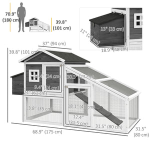 69" Wooden Chicken Coop with Run, Nesting Box, Tray, Grey