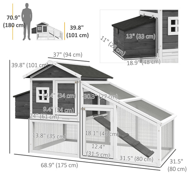 69" Wooden Chicken Coop with Run, Nesting Box, Tray, Grey