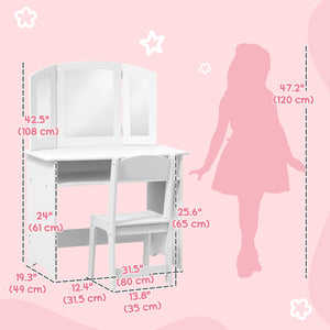 Coiffeuse 2 en 1 avec miroir pliable en trois parties, tabouret et étagère de rangement, blanche