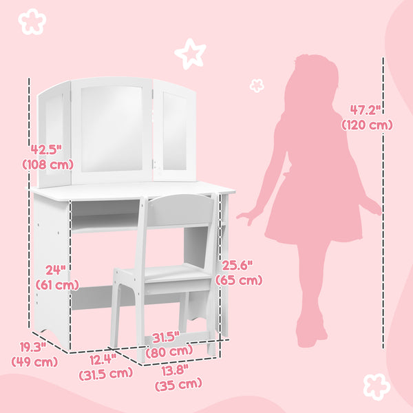 Coiffeuse 2 en 1 avec miroir pliable en trois parties, tabouret et étagère de rangement, blanche