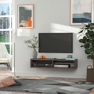 Meuble TV flottant pour téléviseurs 50" avec étagère, grain de bois gris foncé