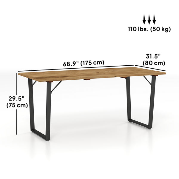 Table à manger d'extérieur en bois pour 6 personnes avec trou pour parasol, plateau à lattes, structure en métal