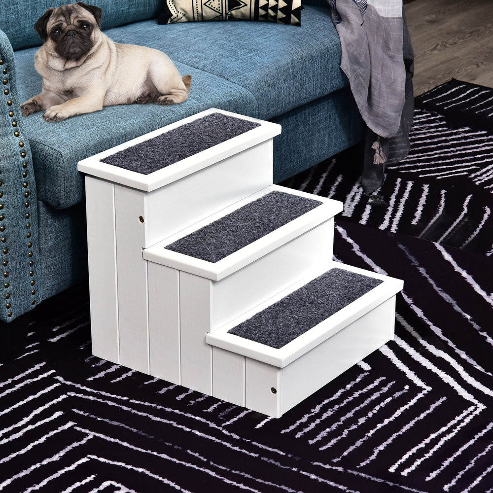 Pet Steps 3-Step Dog Stairs for Small Dogs Cats and Wooden Ramp with Storage Box Carpet Tread, White