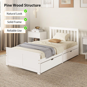 Cadre de lit simple en pin avec rangement et tiroirs, blanc