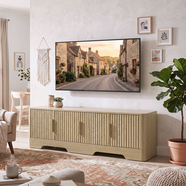 Meuble pour téléviseurs jusqu'à 60 pouces, moderne avec portes cannelées, fini chêne