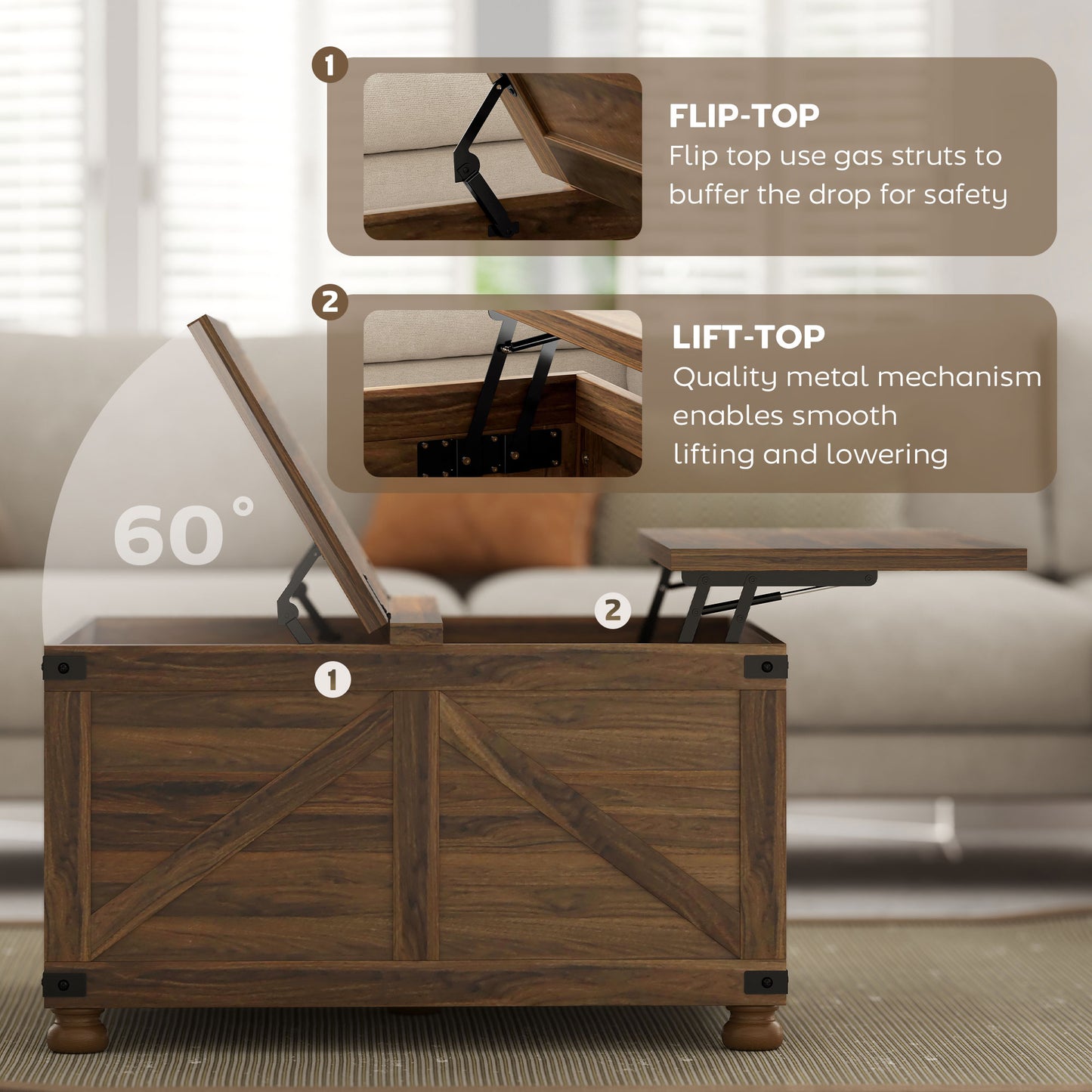 Table basse avec plateau relevable de style campagnard avec compartiment caché, grain de bois brun