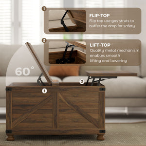 Table basse avec plateau relevable de style campagnard avec compartiment caché, grain de bois brun