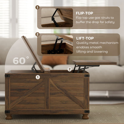 Table basse avec plateau relevable de style campagnard avec compartiment caché, grain de bois brun