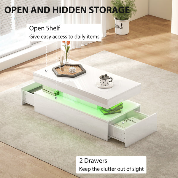 Table basse LED avec 2 tiroirs et étagère ouverte, blanc brillant