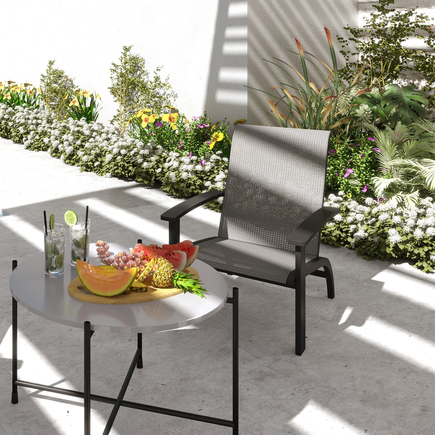 Chaise Adirondack d'extérieur Muskoka avec cadre en aluminium, assise en maille, dossier haut pour jardin et terrasse, gris foncé