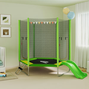 7-foot trampoline with safety net, ladder and slide, green
