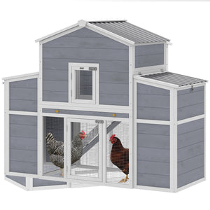 Wooden chicken coop with 2 nesting boxes, a pull-out tray, and a ramp