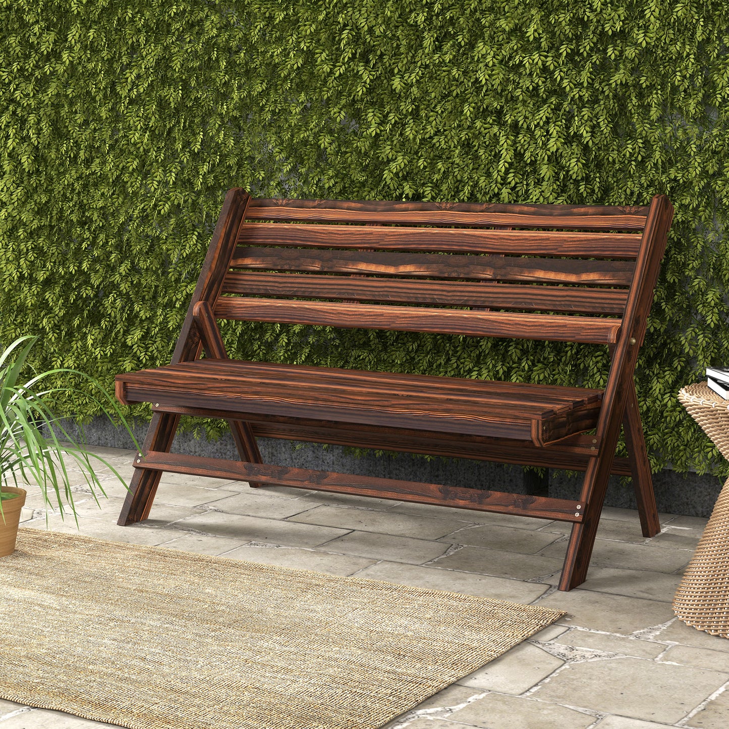 Banc d'extérieur en bois 2 places avec dossier et assise à lattes, finition carbonisée