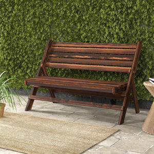 Banc d'extérieur en bois 2 places avec dossier et assise à lattes, finition carbonisée