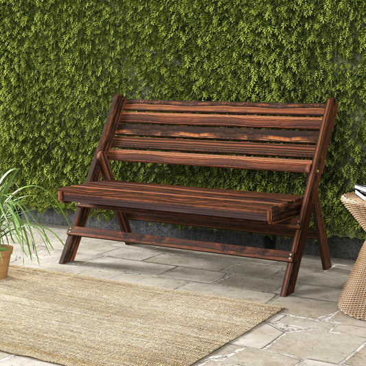 Outsunny 2-Seater Wooden Outdoor Bench, Foldable Garden Bench with Slatted Backrest and Seat, Patio Loveseat, Carbonized Finish |