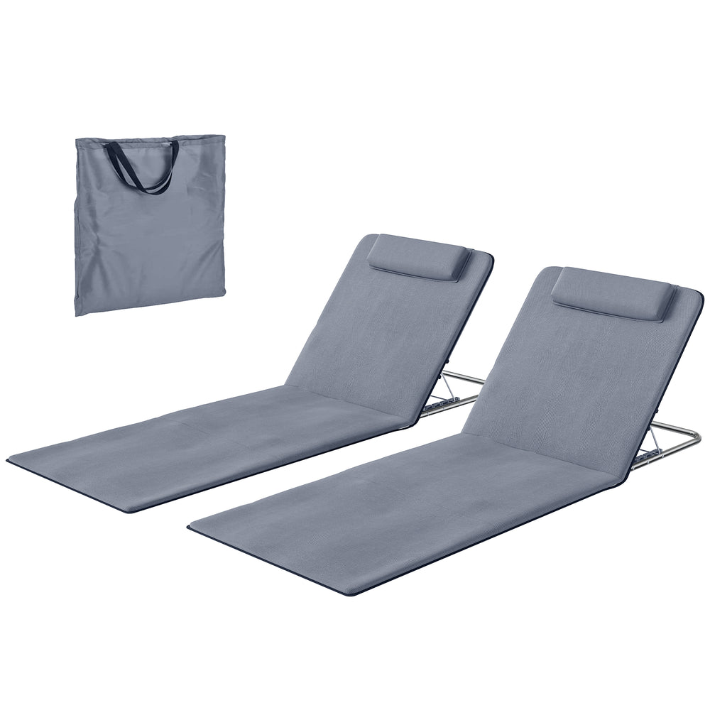 2 Pieces Beach Lounge Chair, Outdoor Folding Chaise Lounge Set w/ Pillow for Sunbath, Snap, Grey