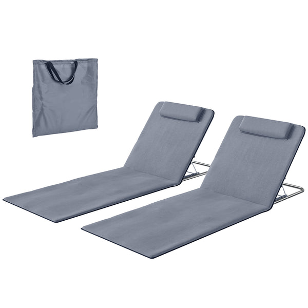 2 Pieces Beach Lounge Chair, Outdoor Folding Chaise Lounge Set w/ Pillow for Sunbath, Snap, Grey