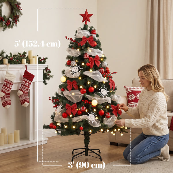 5ft Prelit Christmas Tree Spruce, Remote, Hinged, Artificial Xmas Tree with 8 Modes, 450 Tips, 150 LEDs, Green Red